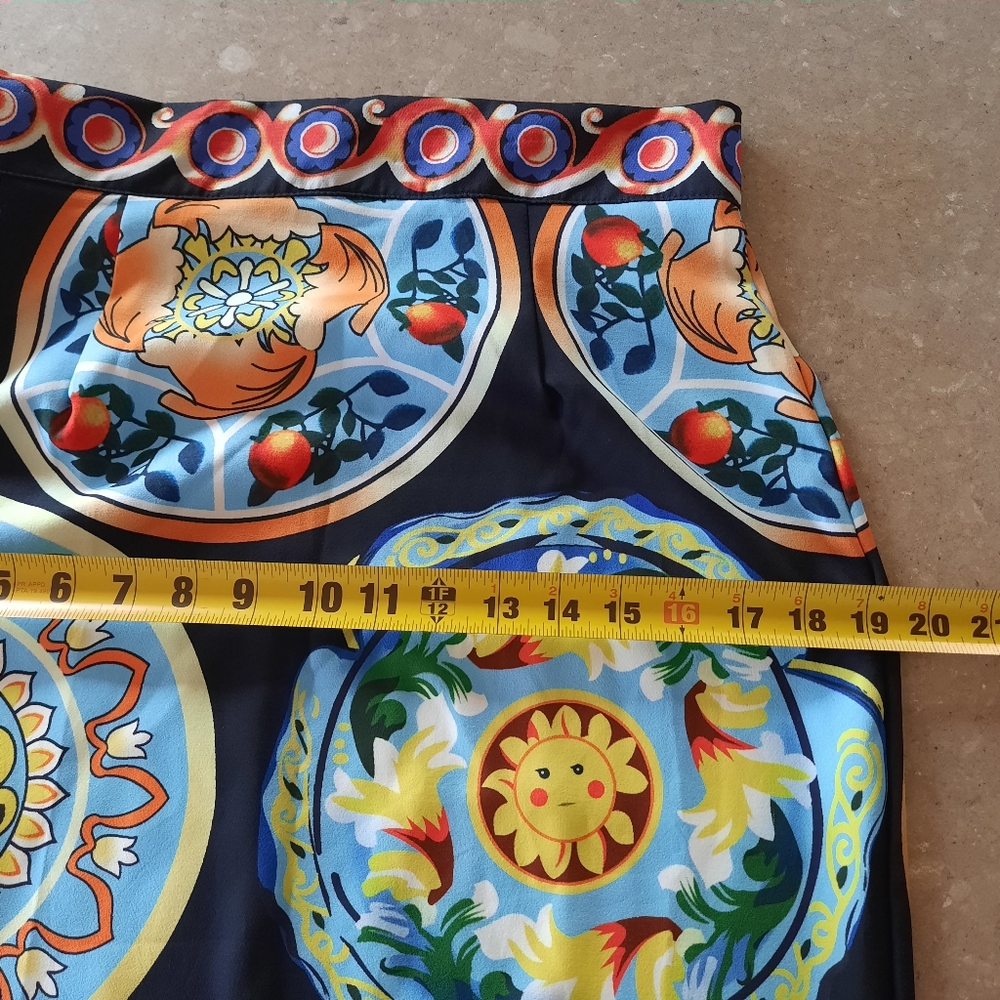 Pencil Skirt Womens Small / Med Ceramic Plate Print Black Multicolored Side Zip - Picture 4 of 14